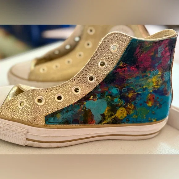 Converse Gold Leather with Custom leather panels painted by Annie Chajin. OOAK - Picture 1 of 11
